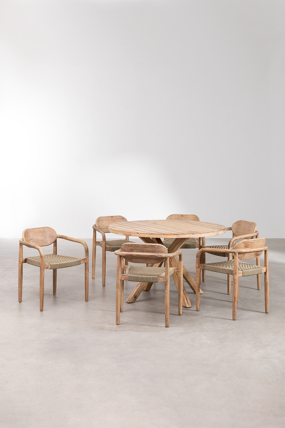 Set Tavola Rotonda (Ø120 cm) e 6 Sedie da Pranzo con Braccioli in Legno Naele