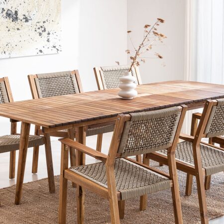 Set tavolo rettangolare 160-210x90 cm allungabile e 6 sedie da pranzo in legno di acacia Tenay