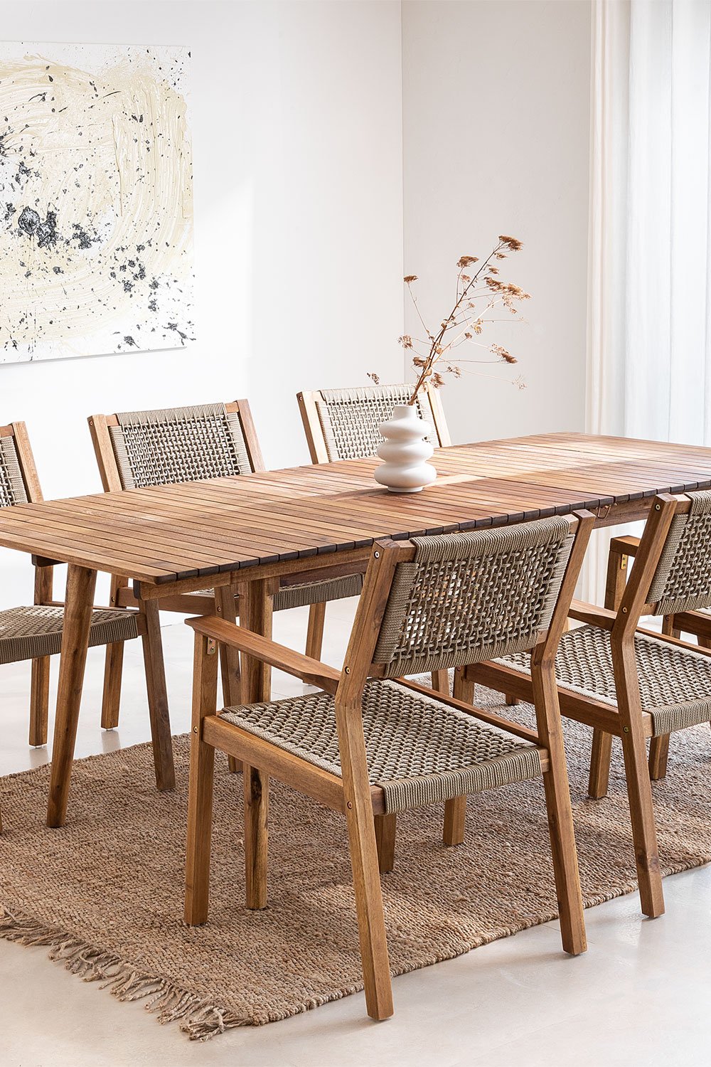 Set tavolo rettangolare 160-210x90 cm allungabile e 6 sedie da pranzo in legno di acacia Tenay