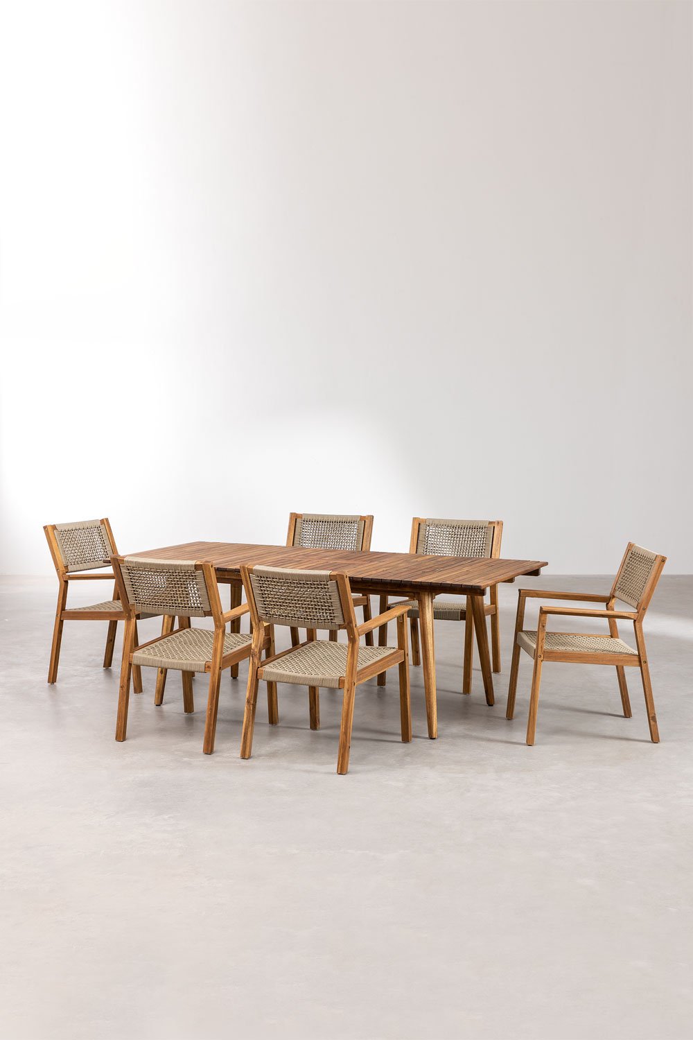 Set tavolo rettangolare 160-210x90 cm allungabile e 6 sedie da pranzo in legno di acacia Tenay