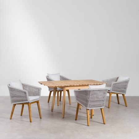 Set Tavolo Allungabile in Legno (90-150x90 cm) Naele e 4 Sedie da Giardino Barker