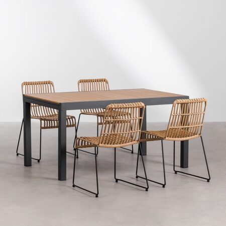 Set Tavolo Allungabile Rettangolare in Alluminio (150-197x90 cm) Saura e 4 Sedie da Giardino in Rattan Sintetico Aroa