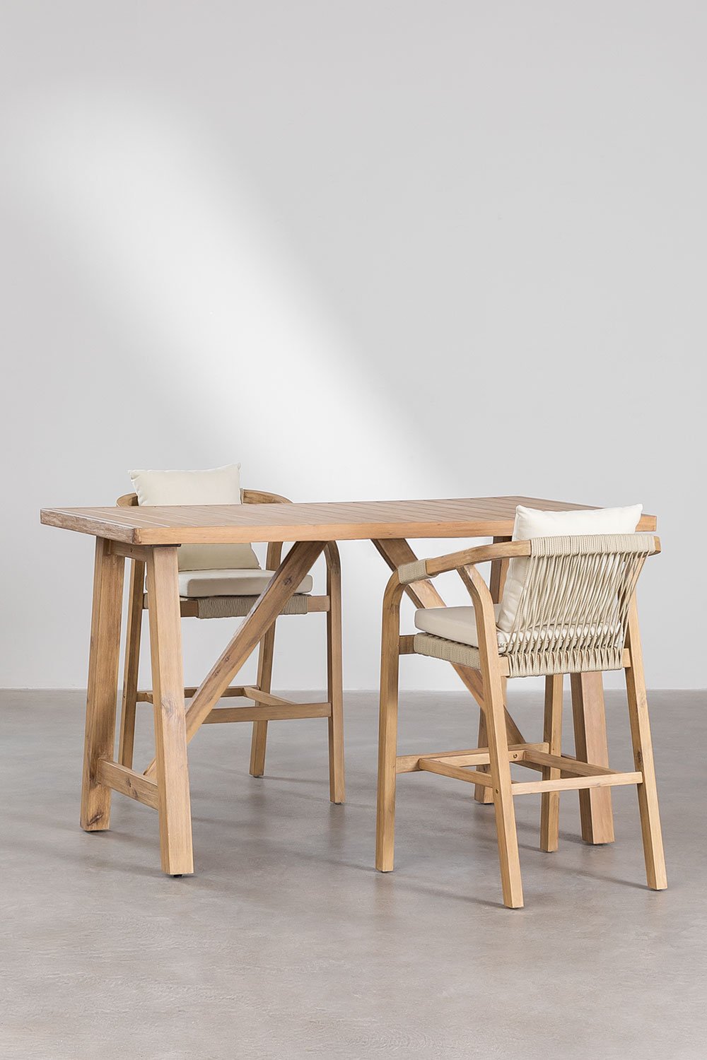 Set Tavolo Alto Rettangolare (160x90 cm) e 2 Sgabelli Alti in Legno di Acacia Dubai