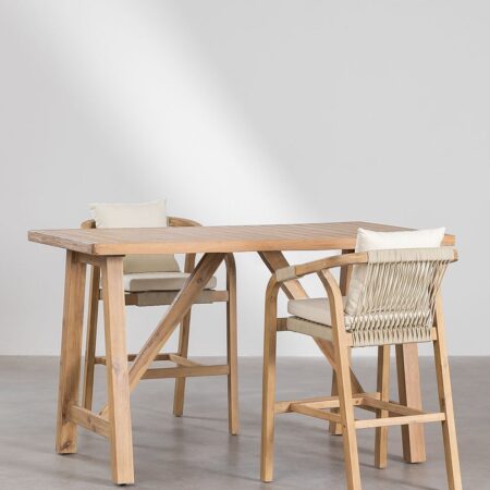 Set Tavolo Alto Rettangolare (160x90 cm) e 2 Sgabelli Alti in Legno di Acacia Dubai