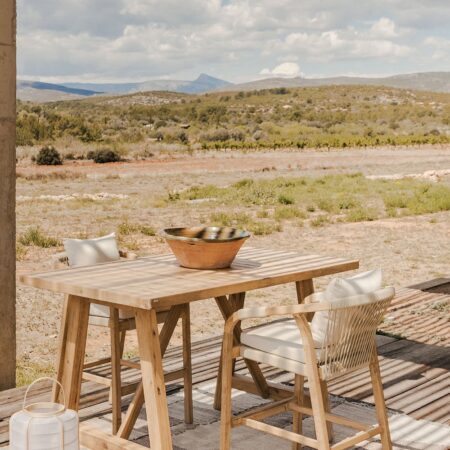 Set Tavolo Alto Rettangolare (160x90 cm) e 2 Sgabelli da Giardino Alti in Legno di Acacia Dubai