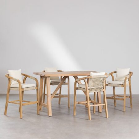 Set Tavolo Alto Rettangolare (160x90 cm) e 4 Sgabelli Alti in Legno di Acacia Dubai