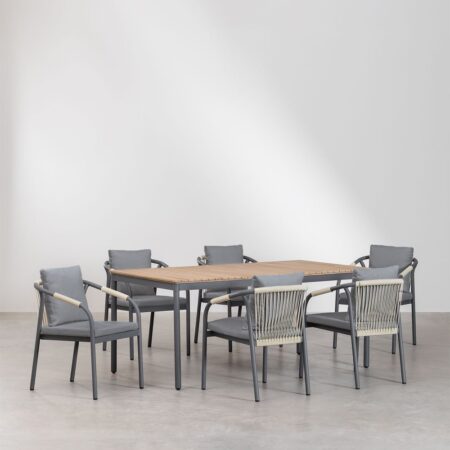 Set Tavolo Basper Rettangolare (180x90 cm) e 6 Sedie da Giardino in Alluminio e Legno di Acacia