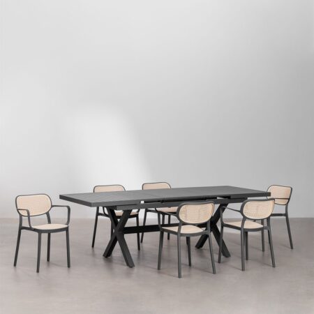 Set Tavolo da Giardino Allungabile Rettangolare in Alluminio (180-240x90 cm) Karena e 6 Sedie da Giardino con Braccioli Omara