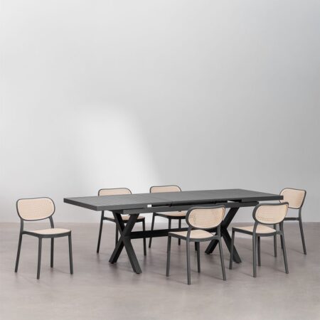 Set Tavolo da Giardino Allungabile Rettangolare in Alluminio (180-240x90 cm) Karena e 6 Sedie da Giardino Omara