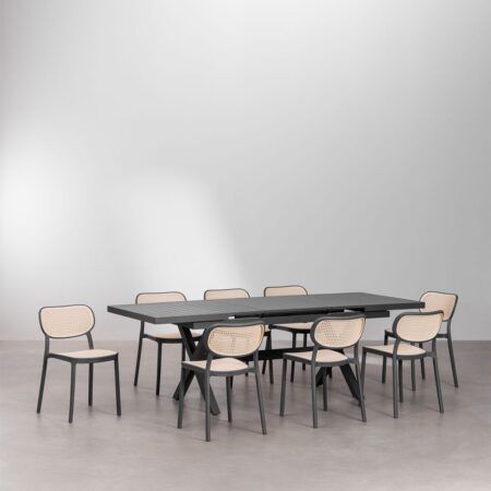 Set Tavolo da Giardino Allungabile Rettangolare in Alluminio (180-240x90 cm) Karena e 8 Sedie da Giardino Omara