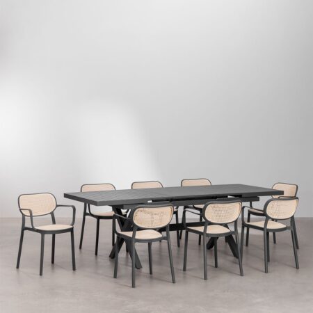 Set Tavolo da Giardino Allungabile Rettangolare in Alluminio Karena (180-240x90 cm) e 8 Sedie da Giardino Omara con Braccioli