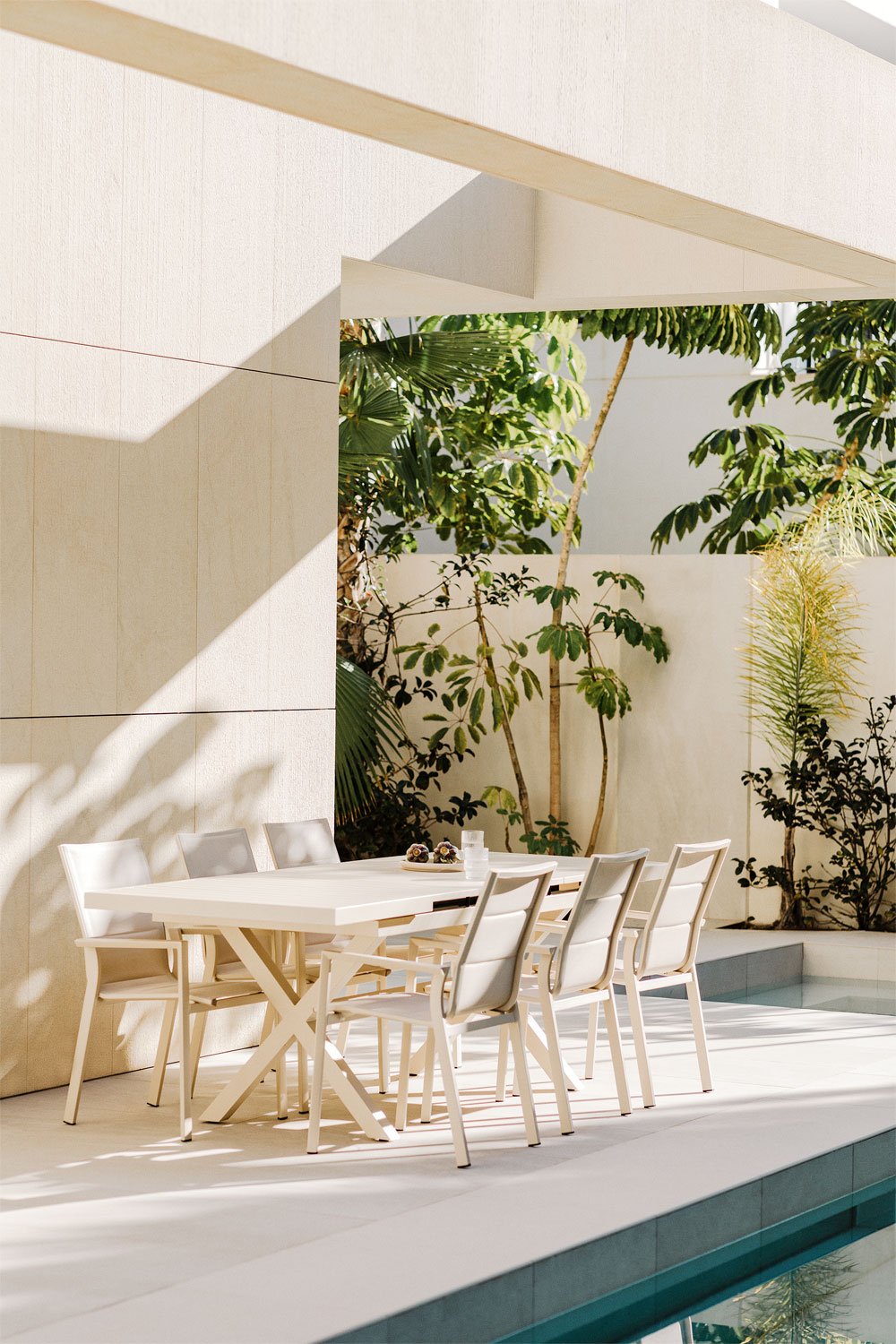 Set tavolo da giardino rettangolare allungabile 180-240x90 cm e 6 sedie da giardino impilabili con braccioli in alluminio Karena