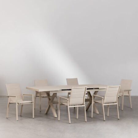Set Tavolo da Giardino Rettangolare Allungabile (180-240x90 cm) e 6 Sedie da Giardino Impilabili in Alluminio Karena