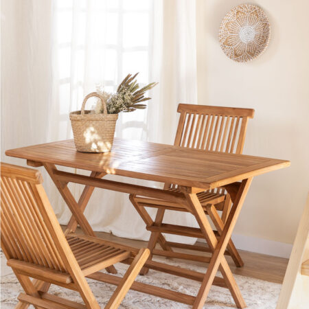 Set Tavolo Rettangolare (120x70 cm) e 2 Sedie da Pranzo Pieghevoli in Legno Teak Pira