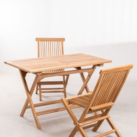 Set Tavolo Rettangolare (120x70 cm) e 2 Sedie da Pranzo Pieghevoli in Legno Teak Pira