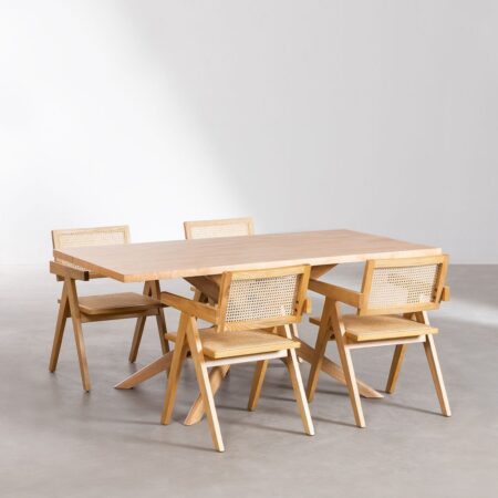 Set tavolo da pranzo rettangolare (180x90 cm) Arnaiz e 4 sedie con braccioli in legno Fresno e rattan stile Lali