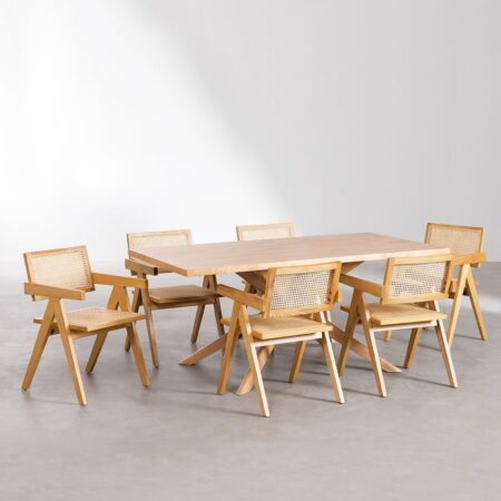 Set tavolo da pranzo rettangolare (180x90 cm) Arnaiz e 6 sedie con braccioli in legno Fresno e rattan Lali Style