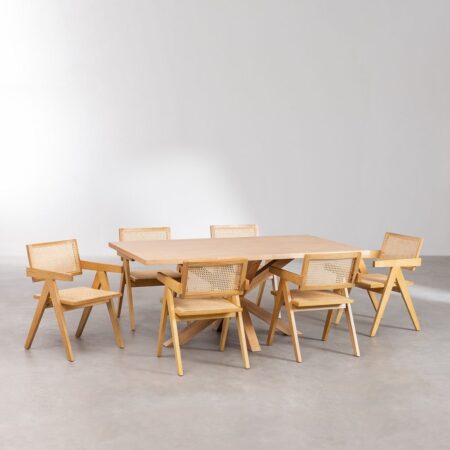 Set Tavolo da Pranzo Rettangolare in MDF (180x100 cm) Pleven e 6 Sedie con Braccioli in Legno di Frassino e Rattan Stile Lali