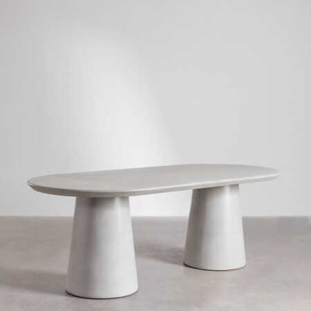 Set tavolo ovale in cemento Noemi 220x95 cm e 10 sedie da pranzo imbottite in legno Amieva