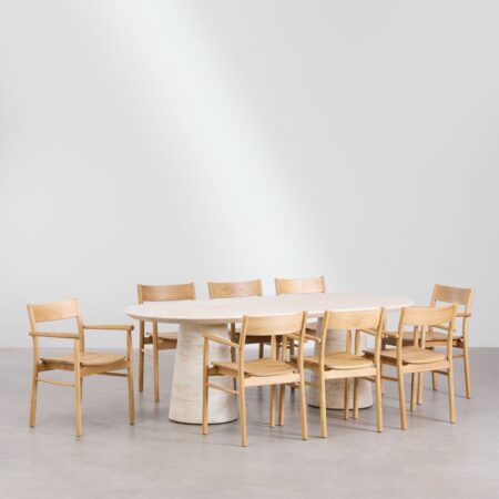 Set tavolo ovale Noemi in cemento effetto travertino (220x95 cm) e 8 sedie da pranzo Mara Signature in legno di rovere
