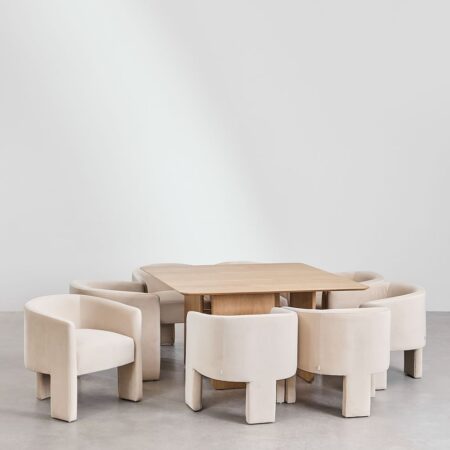 Set tavolo quadrato in MDF e impiallacciatura di frassino (140x140 cm) Ginger e 8 sedie da pranzo in velluto Xastru