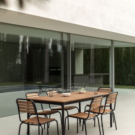 Set Tavolo Rettangolare Artus 160x90 cm e 6 Sedie da Giardino Impilabili in Acciaio e Legno di Acacia