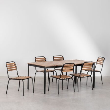 Set Tavolo Rettangolare (160x90 cm) e 6 Sedie da Giardino Impilabili in Acciaio e Acacia Artus