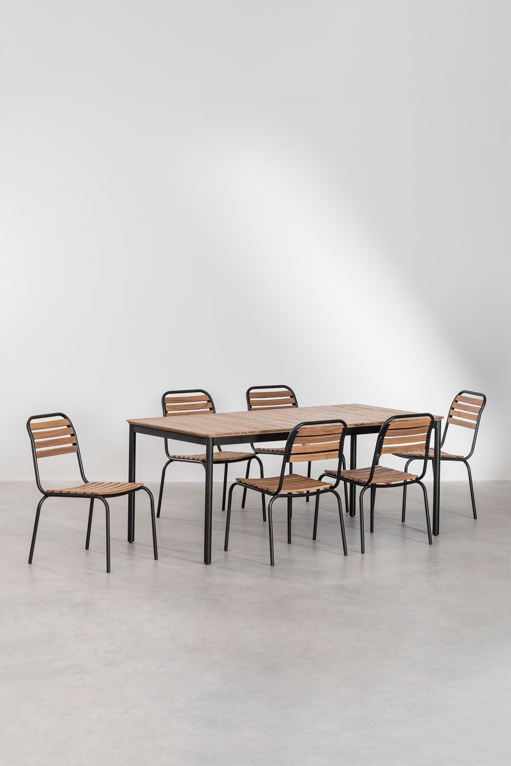 Set tavolo rettangolare 160x90 cm e 6 sedie da pranzo impilabili in acciaio e legno di acacia Artus
