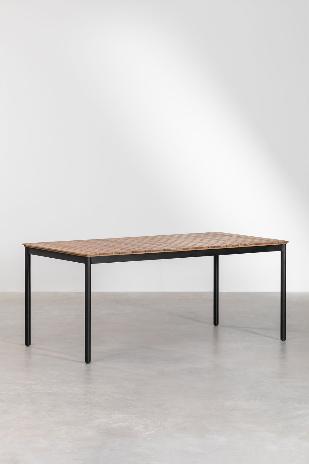 Set tavolo rettangolare 160x90 cm e 6 sedie da pranzo impilabili in acciaio e legno di acacia Artus