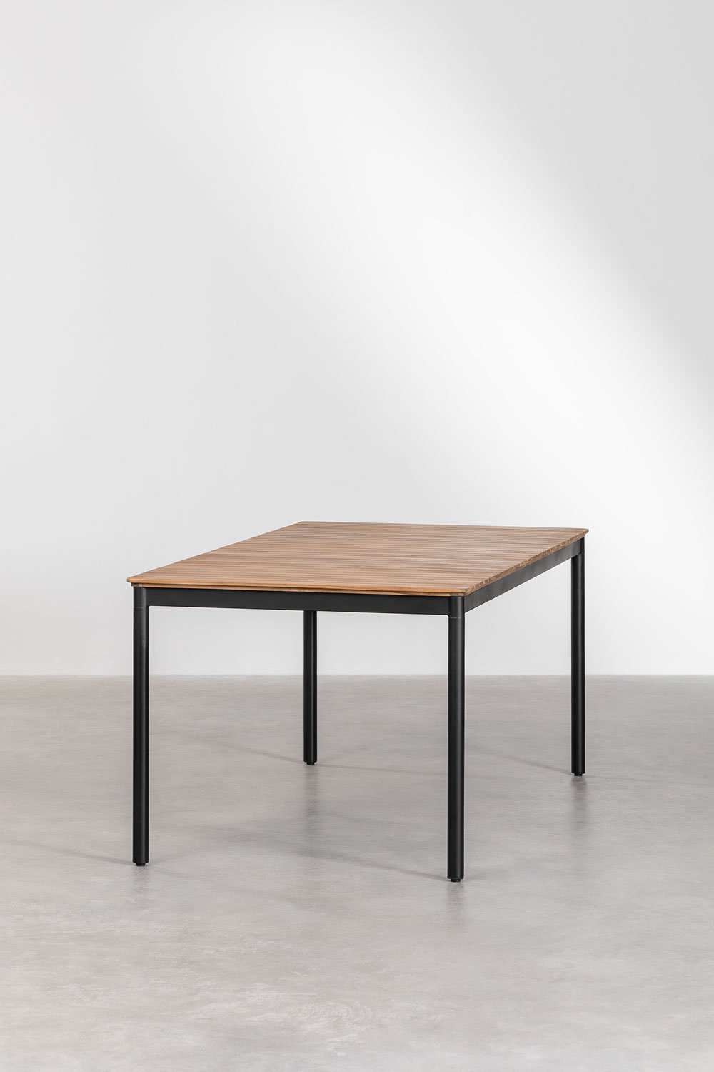 Set tavolo rettangolare 160x90 cm e 6 sedie da pranzo impilabili in acciaio e legno di acacia Artus