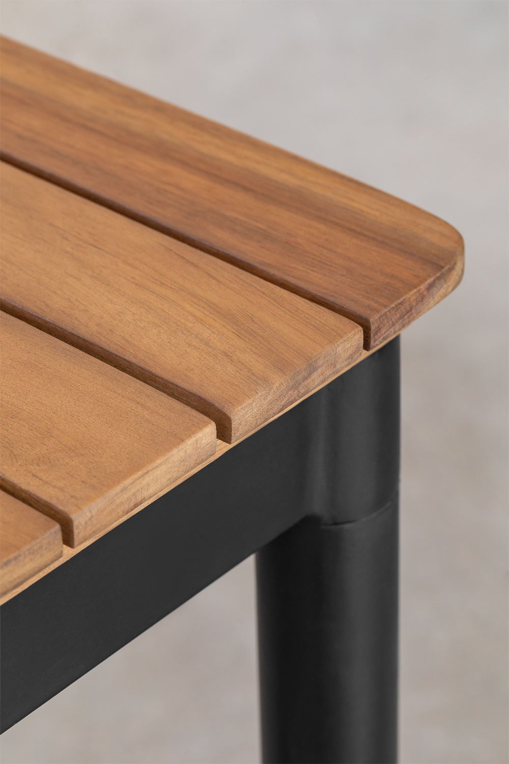 Set tavolo rettangolare 160x90 cm e 6 sedie da pranzo impilabili in acciaio e legno di acacia Artus