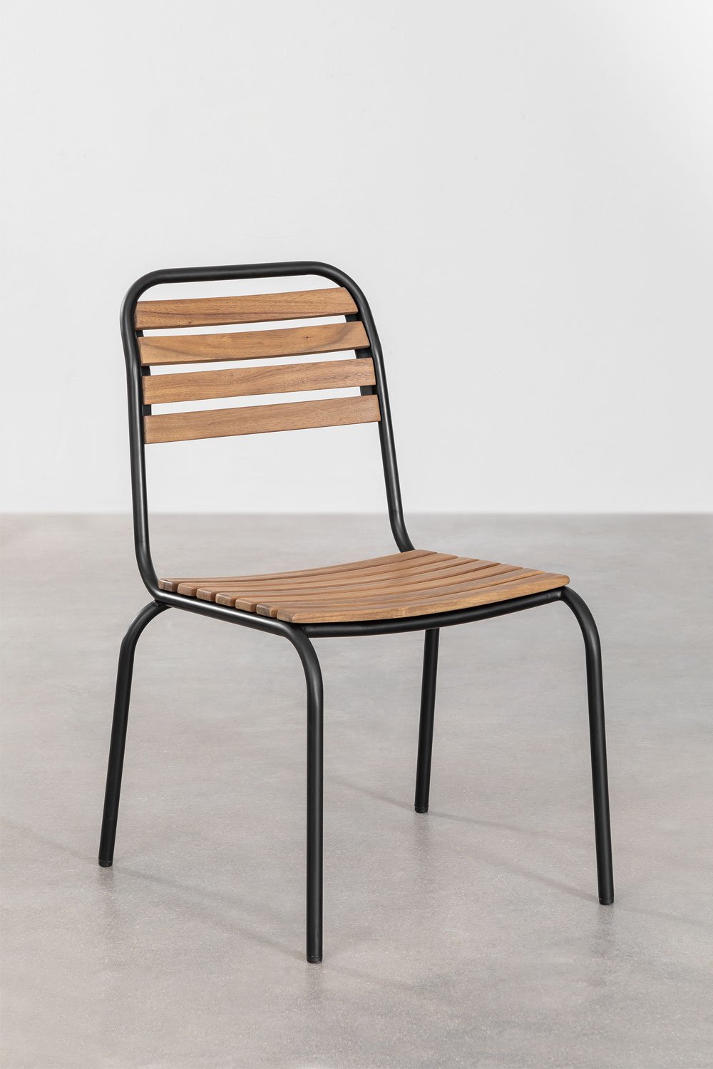 Set tavolo rettangolare 160x90 cm e 6 sedie da pranzo impilabili in acciaio e legno di acacia Artus