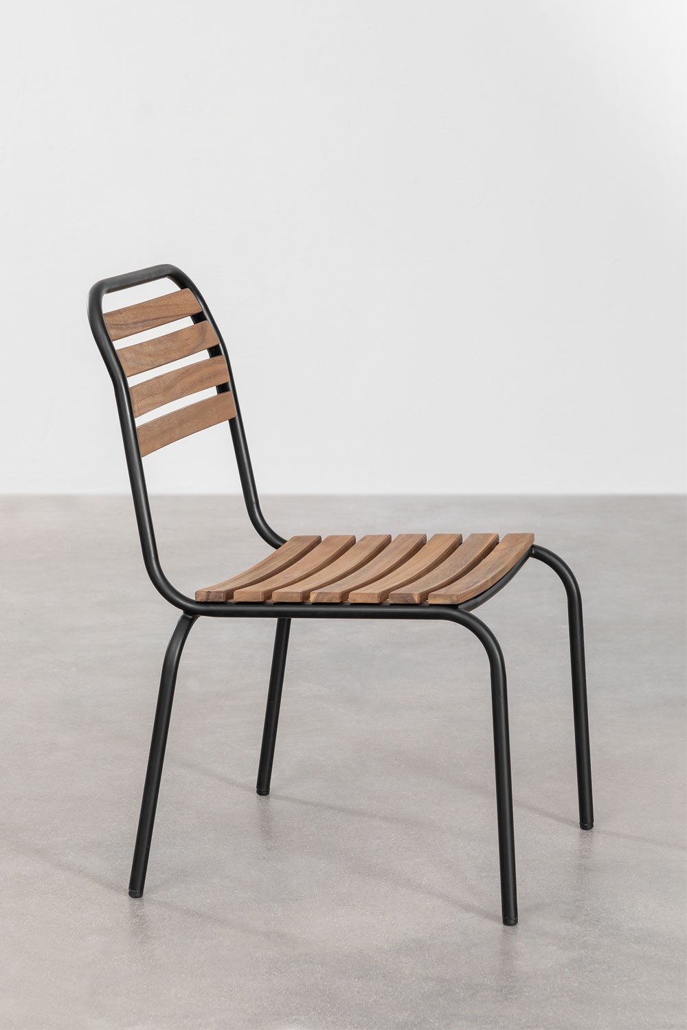 Set tavolo rettangolare 160x90 cm e 6 sedie da pranzo impilabili in acciaio e legno di acacia Artus
