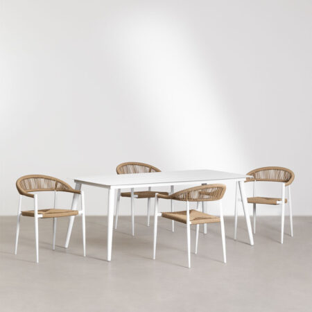 Set Tavolo Rettangolare (160x90 cm) Kevan e 4 Sedie da Giardino con Braccioli in Alluminio e Rattan Sintetico Amatria