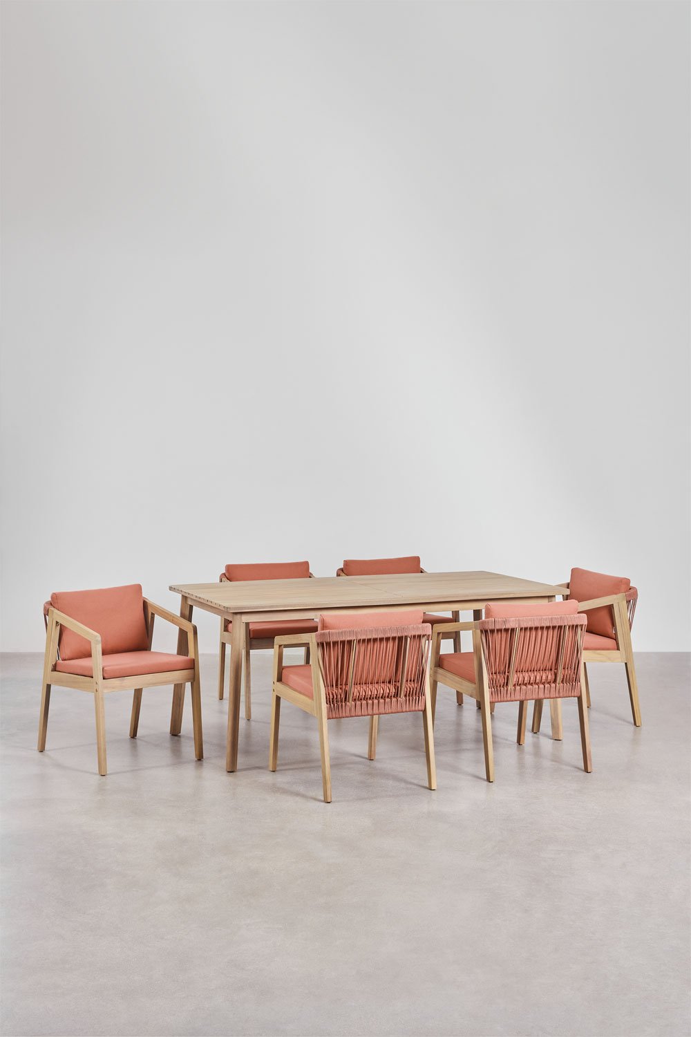Set tavolo rettangolare 180x90 cm e 6 sedie da giardino in legno di acacia e corda intrecciata Kaela