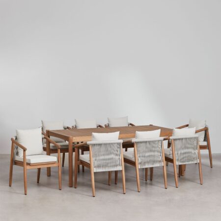 Set Tavolo Rettangolare (200x100 cm) e 8 Sedie da Pranzo con Braccioli in Legno di Eucalipto Aderyn