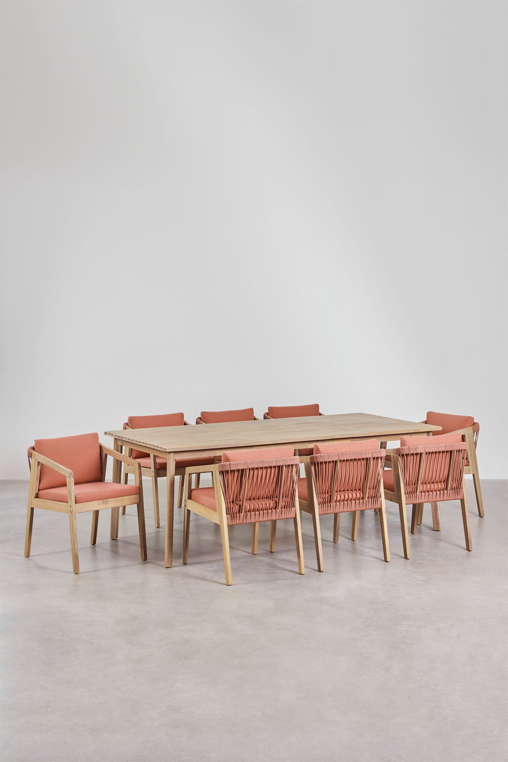 Set tavolo rettangolare 220x100 cm e 8 sedie da giardino in legno di acacia e corda intrecciata Kaela