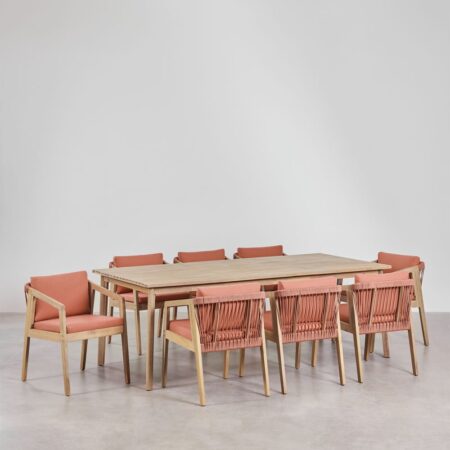 Set tavolo rettangolare 220x100 cm e 8 sedie da pranzo in legno di acacia e corda intrecciata Kaela