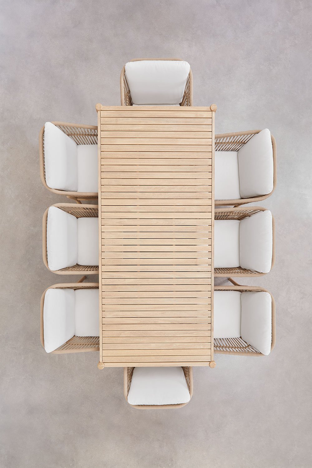 Set tavolo rettangolare 220x100 cm e 8 sedie da pranzo in legno di acacia e corda intrecciata Karvia