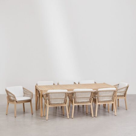 Set tavolo rettangolare 220x100 cm e 8 sedie da pranzo in legno di acacia e corda intrecciata Karvia