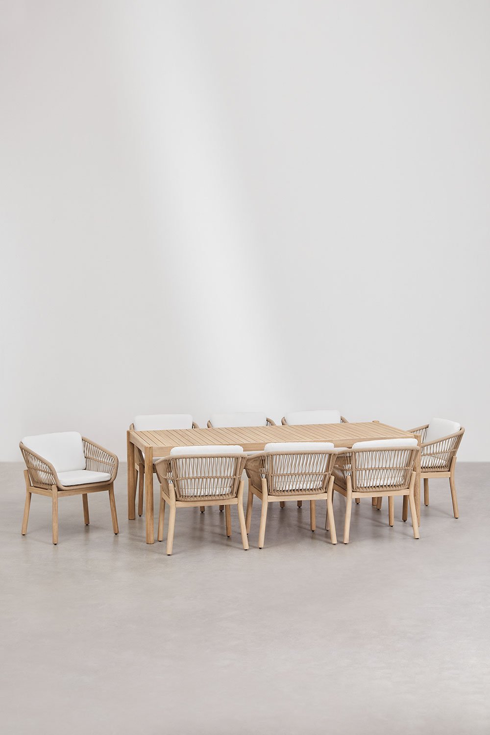 Set tavolo rettangolare 220x100 cm e 8 sedie da pranzo in legno di acacia e corda intrecciata Karvia