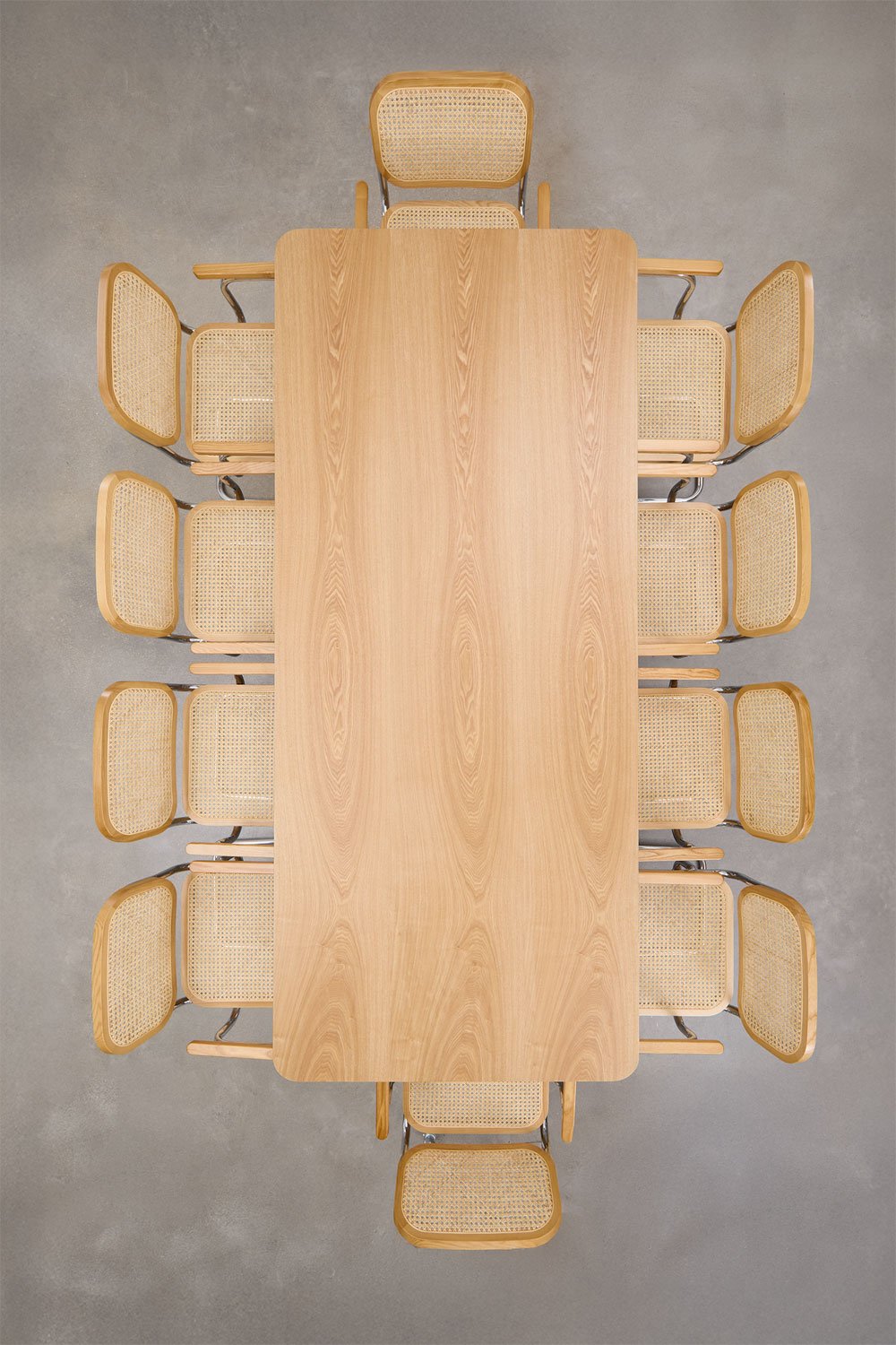 Set da tavola rettangolare 240x100 cm in MDF e acciaio inossidabile e 10 sedie da pranzo con braccioli Tento