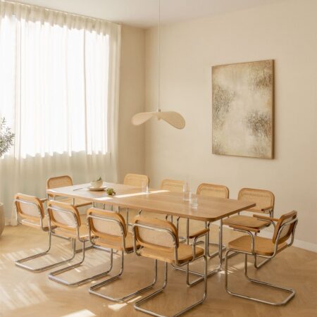 Set da tavola rettangolare 240x100 cm in MDF e acciaio inossidabile e 10 sedie da pranzo con braccioli Tento