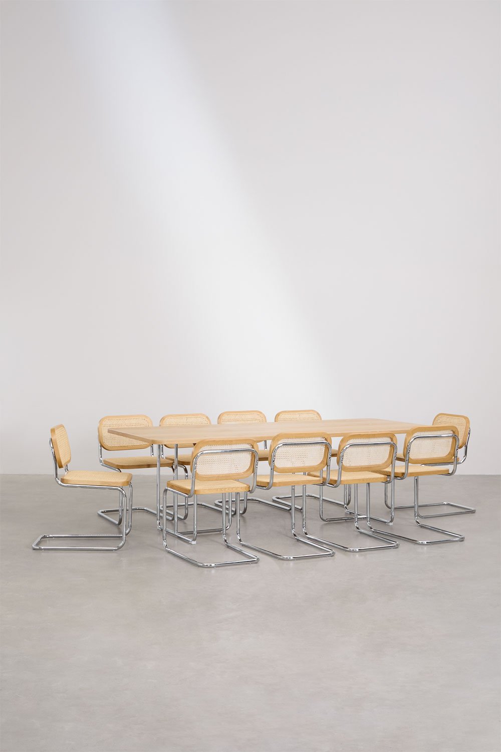 Set tavolo rettangolare 240x100 cm in MDF e acciaio inox e 10 sedie da pranzo Tento in rattan