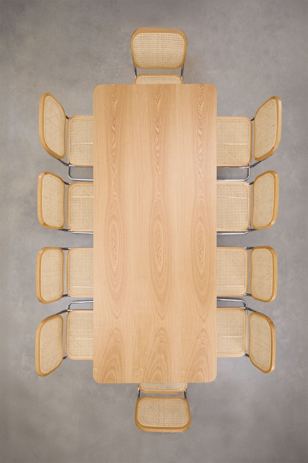 Set tavolo rettangolare 240x100 cm in MDF e acciaio inox e 10 sedie da pranzo Tento in rattan