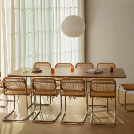Set tavolo rettangolare 240x100 cm in MDF e acciaio inox e 10 sedie da pranzo Tento in rattan