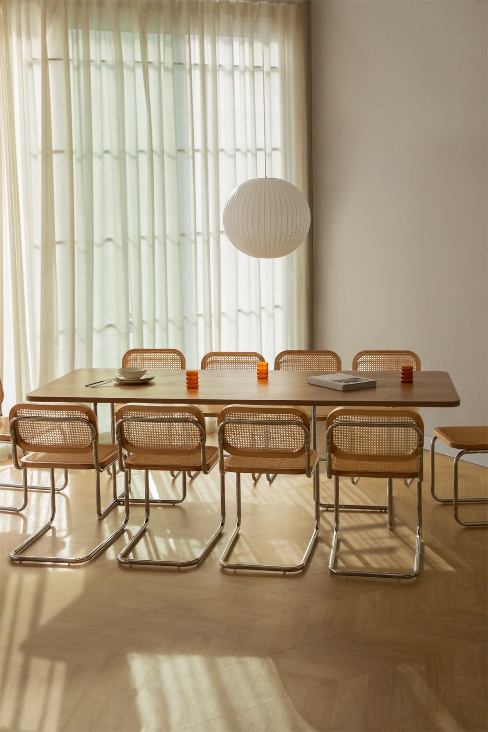 Set tavolo rettangolare 240x100 cm in MDF e acciaio inox e 10 sedie da pranzo Tento in rattan