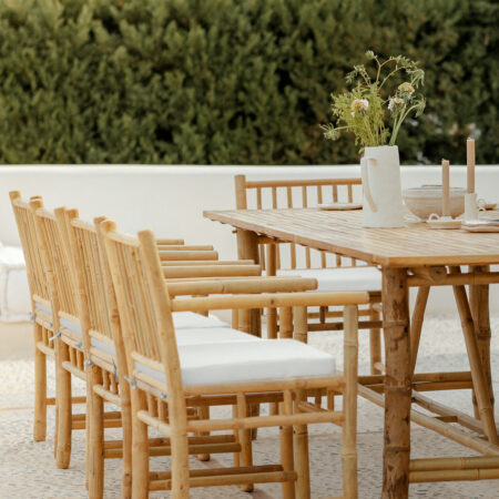 Set tavolo rettangolare (250x100 cm) e 10 sedie da giardino con braccioli in bambù Senia