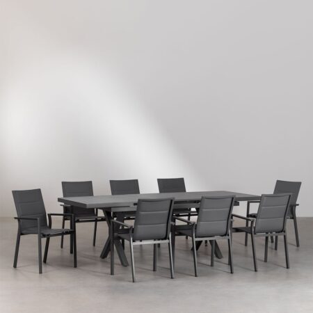 Set Tavolo Rettangolare Allungabile (180-240x90 cm) E 8 Sedie da Giardino Impilabili in Alluminio Karena