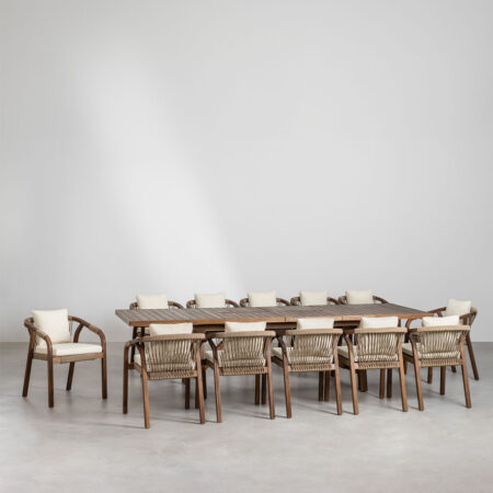 Set Tavolo Rettangolare Allungabile (200-300x100 cm) e 12 Sedie da Giardino con Braccioli in Legno di Acacia Dubai